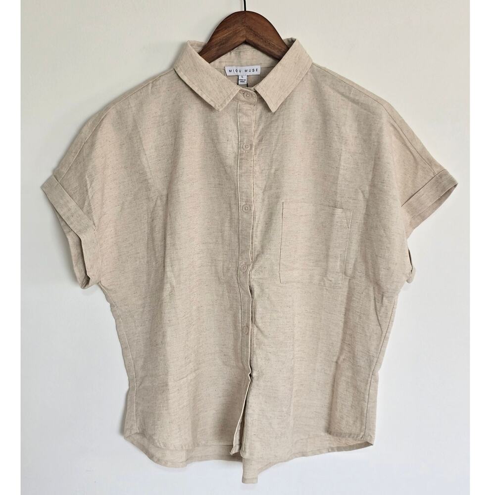 Miou Muse Linen Blend Button Down Shirt Natural Beige NWT Size L